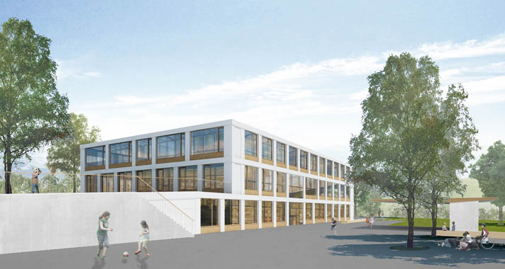 Die Nordfassade des Schulhauses setzt die bestehende Geländekante fort Lutz & Buss Architekten AG